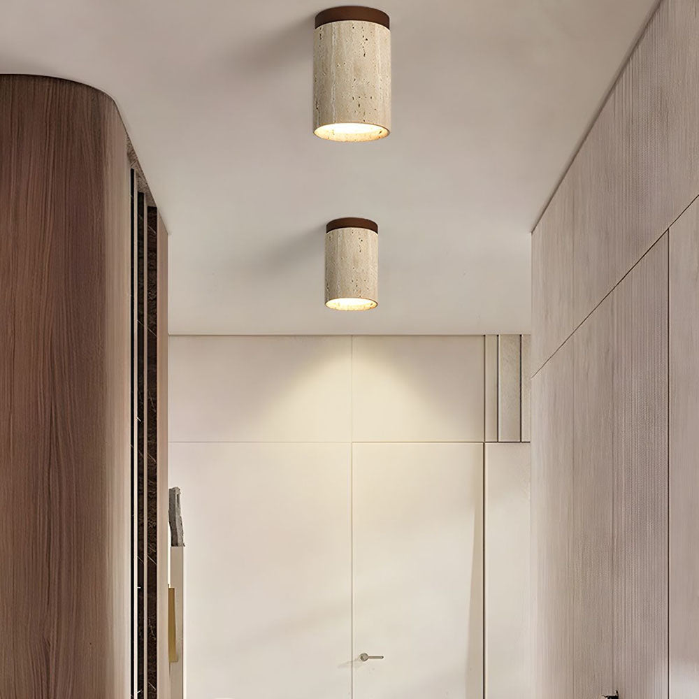 Natural Stone Flush Mount Light with Wooden Accent E26 Base for Bedroom Entryway Living Space Low-Profile Fixture Ambient Overhead Lighting