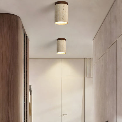 Natural Stone Flush Mount Light with Wooden Accent E26 Base for Bedroom Entryway Living Space Low-Profile Fixture Ambient Overhead Lighting