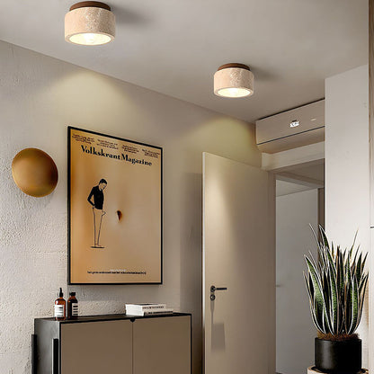 Natural Stone Flush Mount Light with Wooden Accent E26 Base for Bedroom Entryway Living Space Low-Profile Fixture Ambient Overhead Lighting