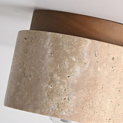 Natural Stone Flush Mount Light with Wooden Accent E26 Base for Bedroom Entryway Living Space Low-Profile Fixture Ambient Overhead Lighting