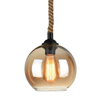 Hanging Ceiling Light Fixture Glass Shade Rope Accent E26 Socket Adjustable Height for Entryway Bedroom Living Space Contemporary Farmhouse