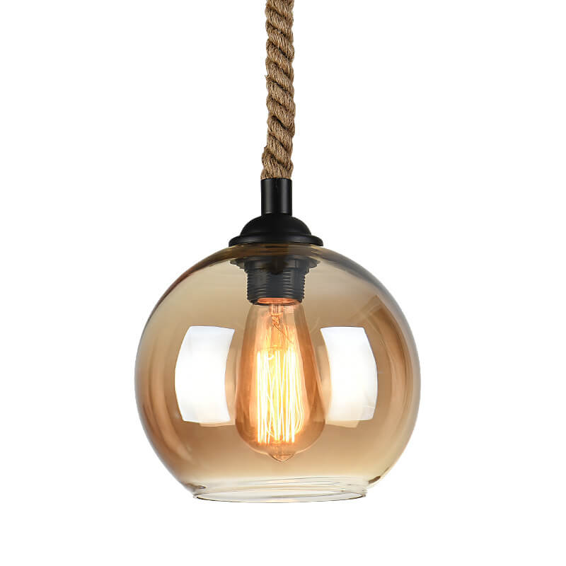 Spherical Glass Shade Ceiling Fixture with Rope Suspension – Rustic Farmhouse Lighting for Kitchens, Dining Rooms & Entryways