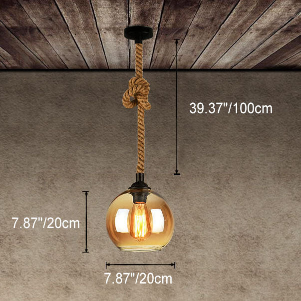 Spherical Glass Shade Ceiling Fixture with Rope Suspension – Rustic Farmhouse Lighting for Kitchens, Dining Rooms & Entryways