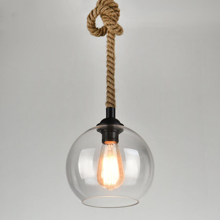 Spherical Glass Shade Ceiling Fixture with Rope Suspension – Rustic Farmhouse Lighting for Kitchens, Dining Rooms & Entryways