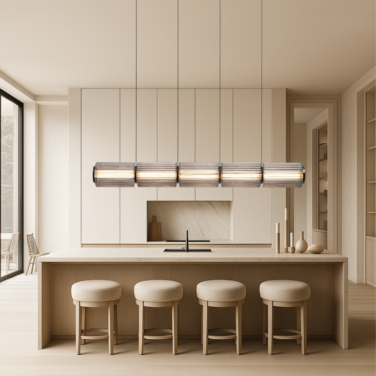 Linear Glass Cylinder Hanging Fixture LED 37 in Black for Kitchen Islands Dining Tables Bar Counter Contemporary Overhead Lighting