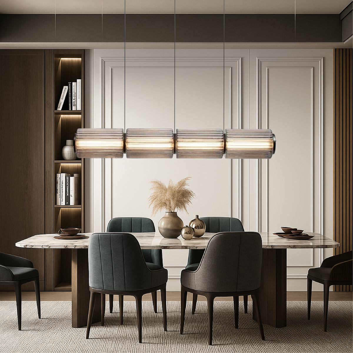Linear Glass Cylinder Hanging Fixture LED 37 in Black for Kitchen Islands Dining Tables Bar Counter Contemporary Overhead Lighting