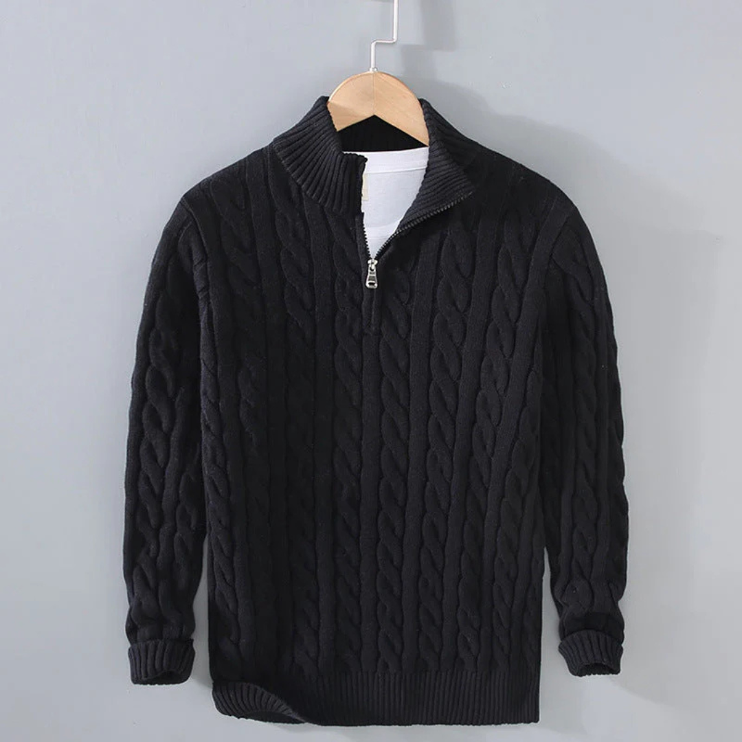 Cable-Knit Quarter-Zip Sweater for Men – 100% Cotton Stand-Collar Pullover for Fall & Winter