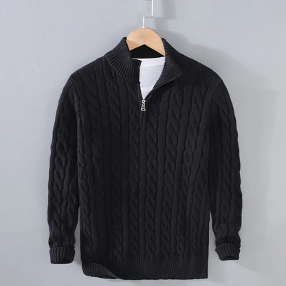 Cable-Knit Quarter-Zip Sweater for Men – 100% Cotton Stand-Collar Pullover for Fall & Winter