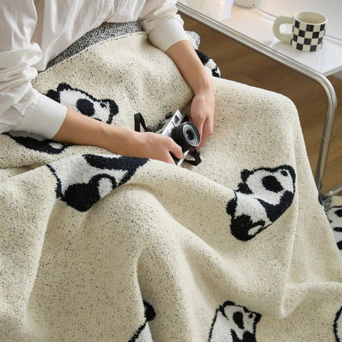 Kora Panda Throw Blanket - Cotton Jacquard Knit, Cozy Panda Design
