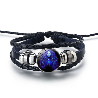 Adjustable Leather Zodiac Bracelet with Blue Stone Charm for Men & Women | Classic Wrist Cuff with Astrology Symbol | Handcrafted Steel &