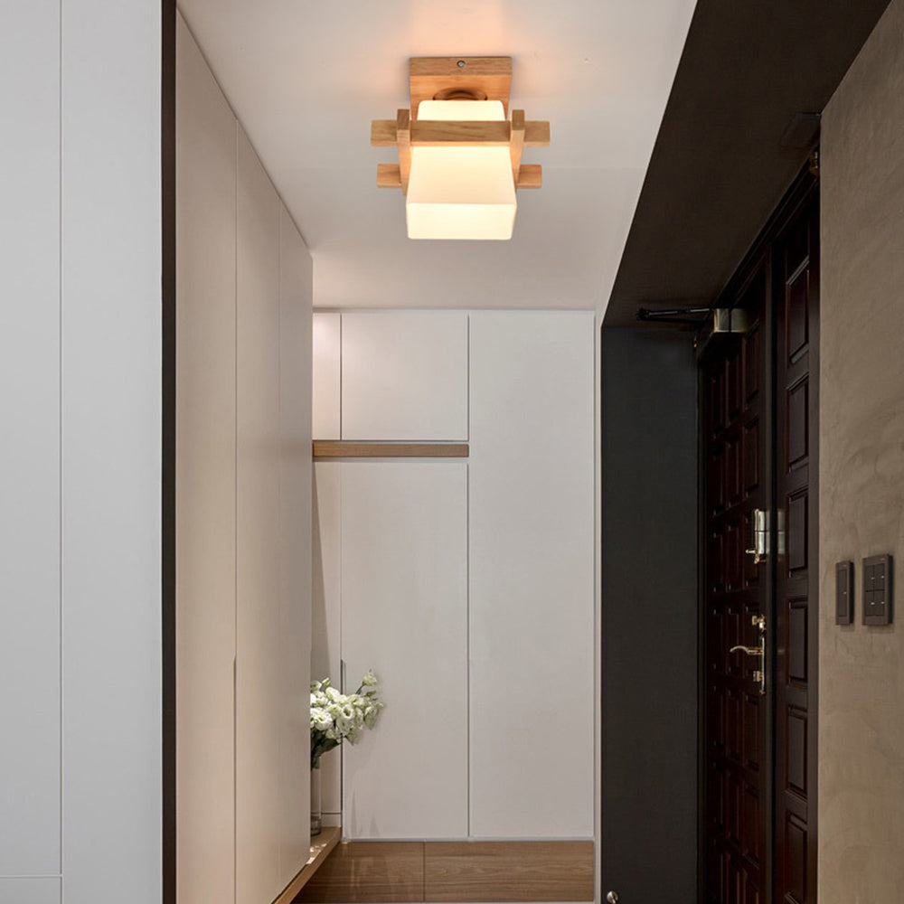 Square Flush Mount Overhead Light Fixture E27 Socket 7.9 Inch White Wood Accent for Bedroom Hallway Living Room Minimalist Scandinavian Mode