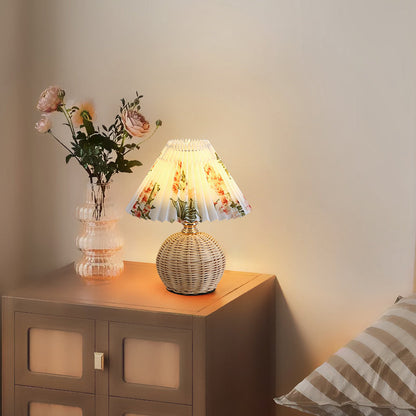 Nordic Rattan Table Lamp with Fabric Shade, USB Powered & Infinitely Dimmable LED Light for Bedroom, Living Room, Study