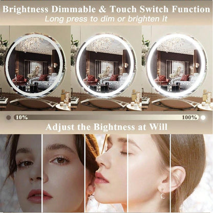 Rechargeable Lighted Vanity Mirror 16 Inch Round Tabletop Mirror with Adjustable LED Brightness Dimmable 360 Rotation for Makeup Skincare Be