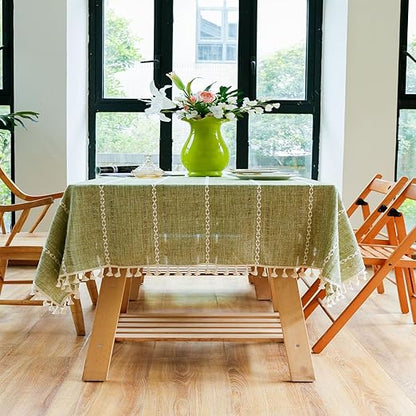 Elysian Cotton Linen Tablecloth - Striped Embroidery Tassel Lace
