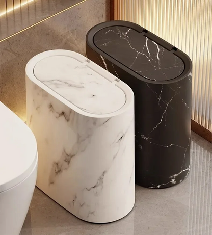 Push-Top Waste Basket with Marble-Look Finish – Slim Oval Design for Small Bathrooms, Bedrooms & Home Offices