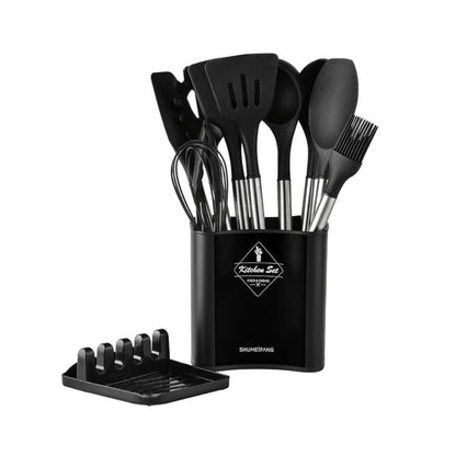 Cooking Tool Set 13-Piece Heat-Safe Nonstick Kitchen Utensils Gray Black Khaki with Caddy for Home Chefs Baking Stovetop Use