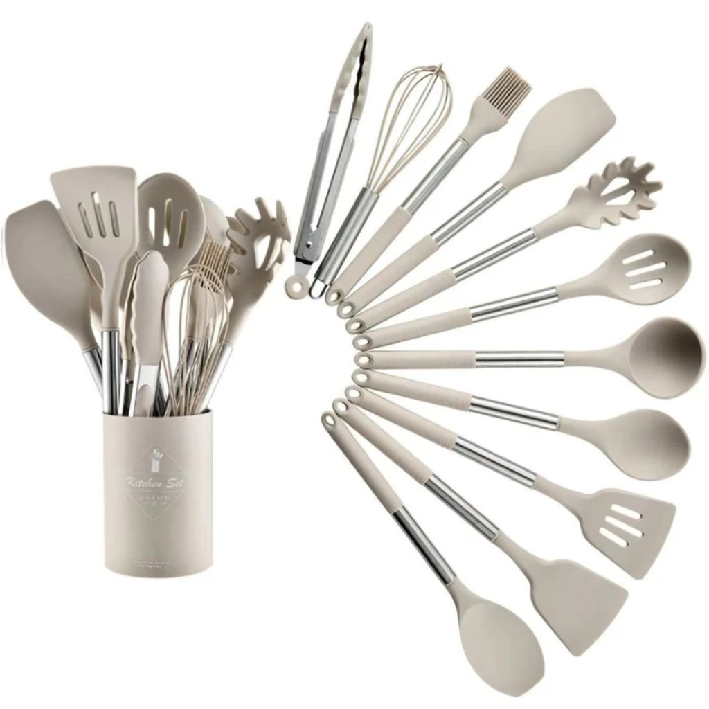 Cooking Tool Set 13-Piece Heat-Safe Nonstick Kitchen Utensils Gray Black Khaki with Caddy for Home Chefs Baking Stovetop Use