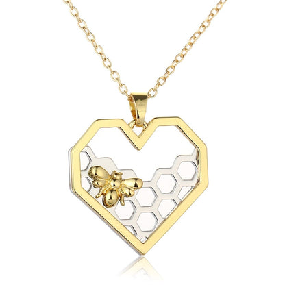 Heart Pendant Necklace with Bee & Honeycomb Design – Gold-Tone Chain Jewelry for Women & Girls