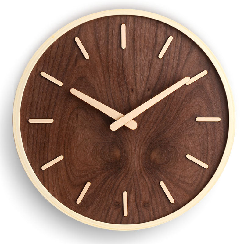 12-Inch Noiseless Timepiece Natural Wood Finish Brown Round Clock for Bedroom Office Living Space Home