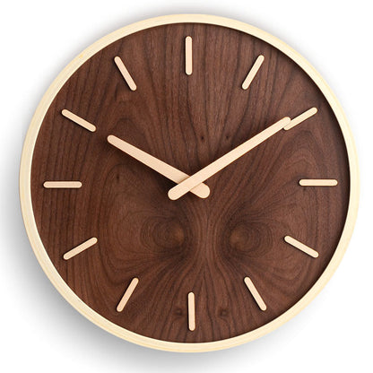 12-Inch Noiseless Timepiece Natural Wood Finish Brown Round Clock for Bedroom Office Living Space Home