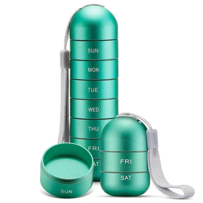 Weekly Pill Organizer Case with 7 Stackable Compartments – Aluminum Travel Medication Storage for Daily Vitamins & Supplements