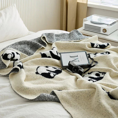 Kora Panda Throw Blanket - Cotton Jacquard Knit, Cozy Panda Design