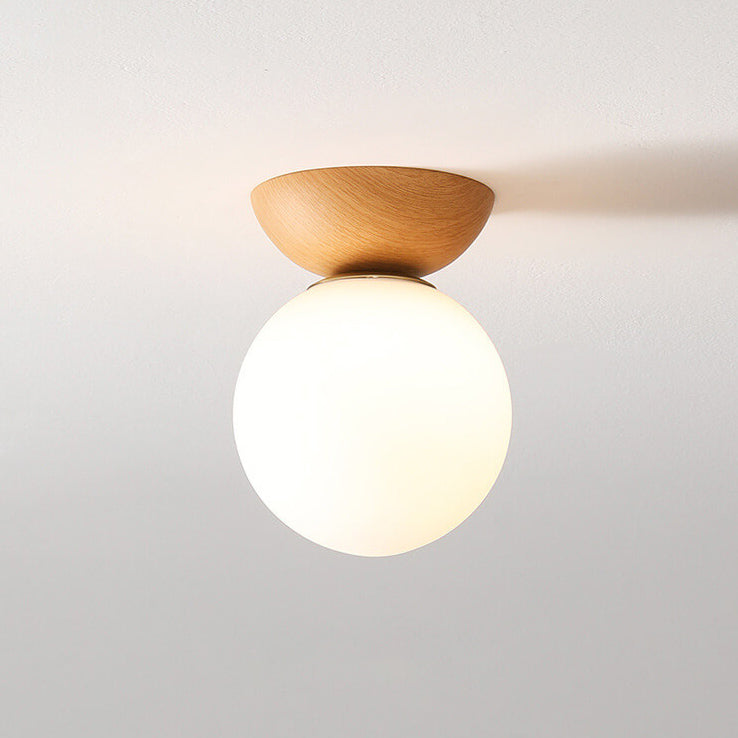 Globe Glass Ceiling Light with Wood Grain Finish – Modern Flush Mount & Pendant Option for Living Room, Bedroom, Hallway – E14 Socket