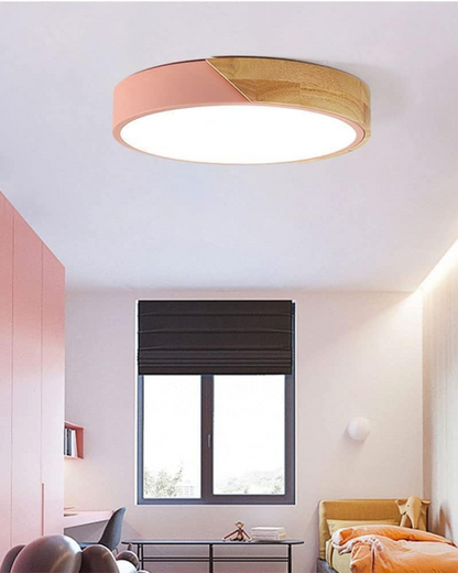 Round Flush Mount Ceiling Light with Wood Accent and Integrated LED – Modern Low Profile Fixture in 9, 12, 16, 20, and 24 inch Sizes for Liv