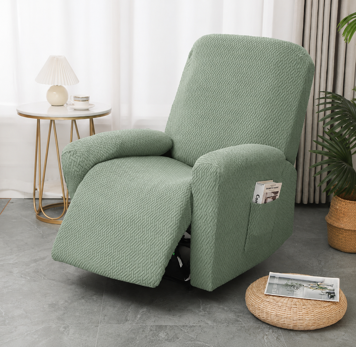 Recliner Chair Cover with Side Pocket, Recliner Chair Slipcover Machine Washable Microfiber, Fitted Recliner Furniture Cover