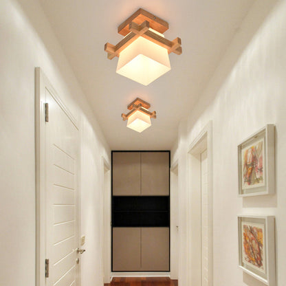 Square Flush Mount Overhead Light Fixture E27 Socket 7.9 Inch White Wood Accent for Bedroom Hallway Living Room Minimalist Scandinavian Mode
