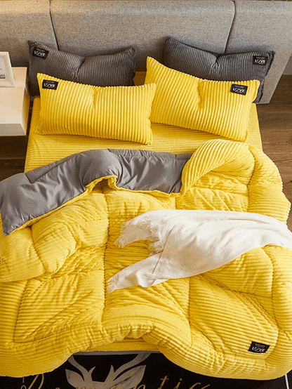 Plush Fleece Bedding Set – Reversible Coral Fleece Duvet Cover with Flat Sheet & Pillowcases for Cold Weather