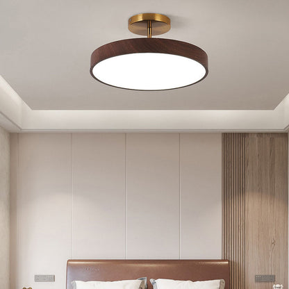 Round Iron Ceiling Light with Wood Grain Finish - Integrated LED Semi-Flush for Bedroom, Living Room & Hallway