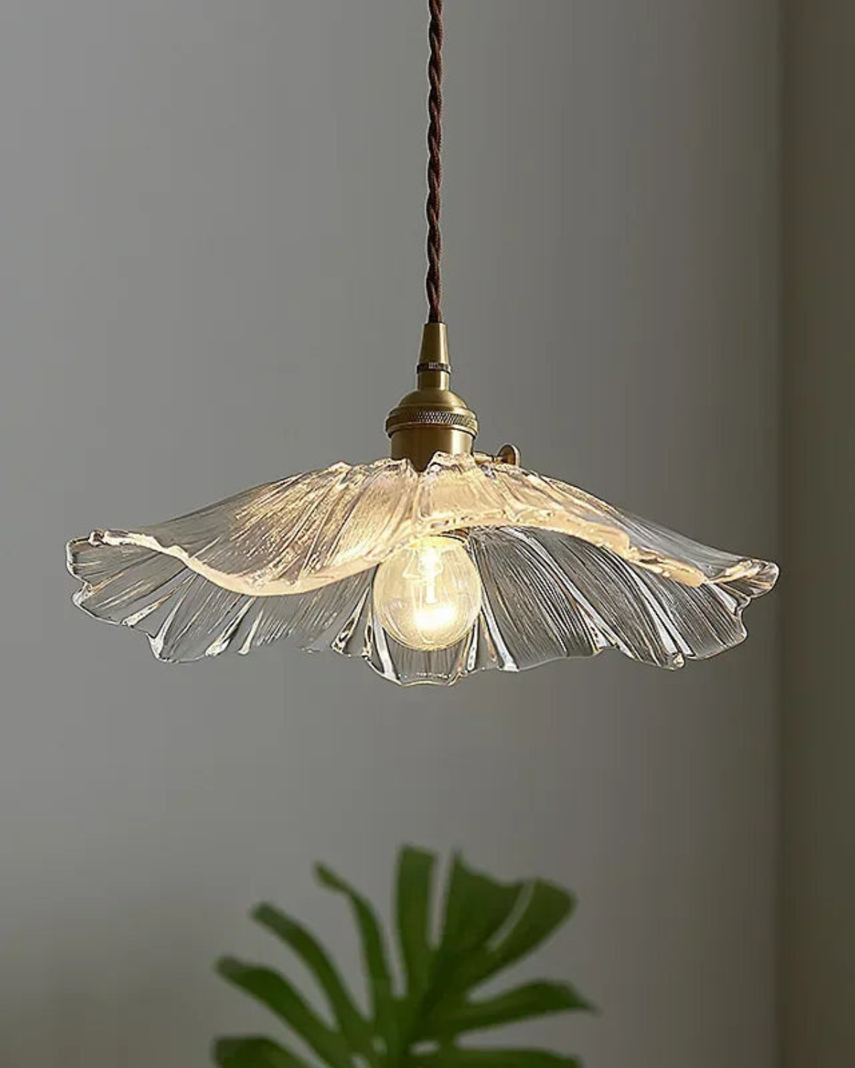 Glass Pendant Light with Brass Socket and Organic Petal Shape for Dining Room and Living Space