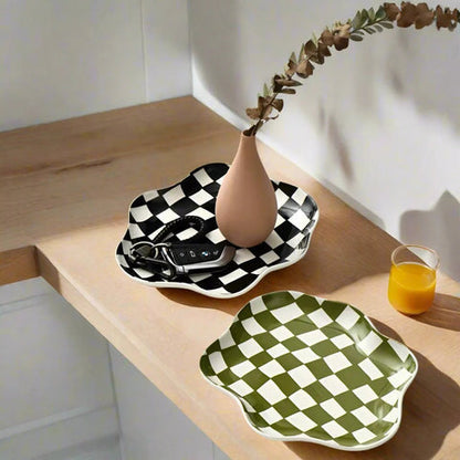 Cleo Checkered Plate - Durable Ceramic, Wavy Checkerboard Tray
