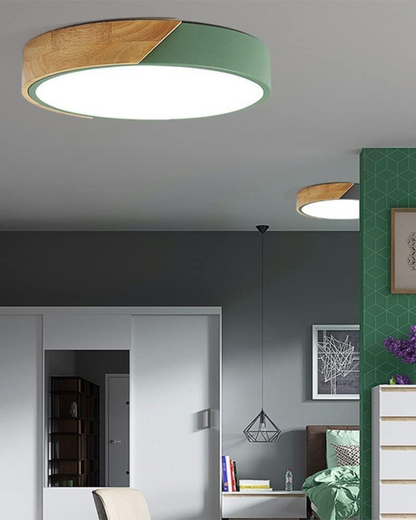 Round Flush Mount Ceiling Light with Wood Accent and Integrated LED – Modern Low Profile Fixture in 9, 12, 16, 20, and 24 inch Sizes for Liv