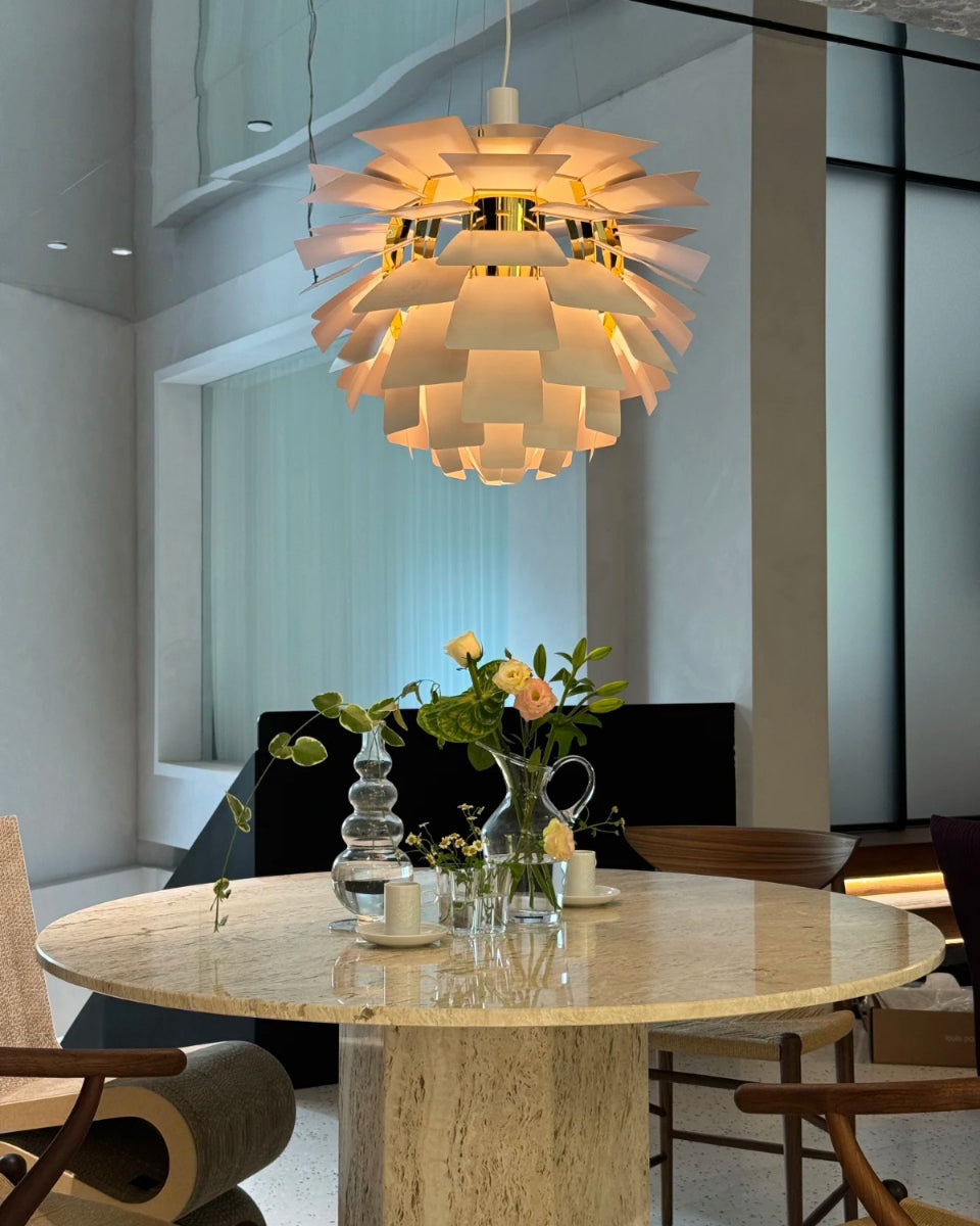 Sculptural Metal Shade Hanging Fixture 20 in Adjustable Height Overhead Lighting for Dining Room Kitchen Island Entryway Warm Glow Installat