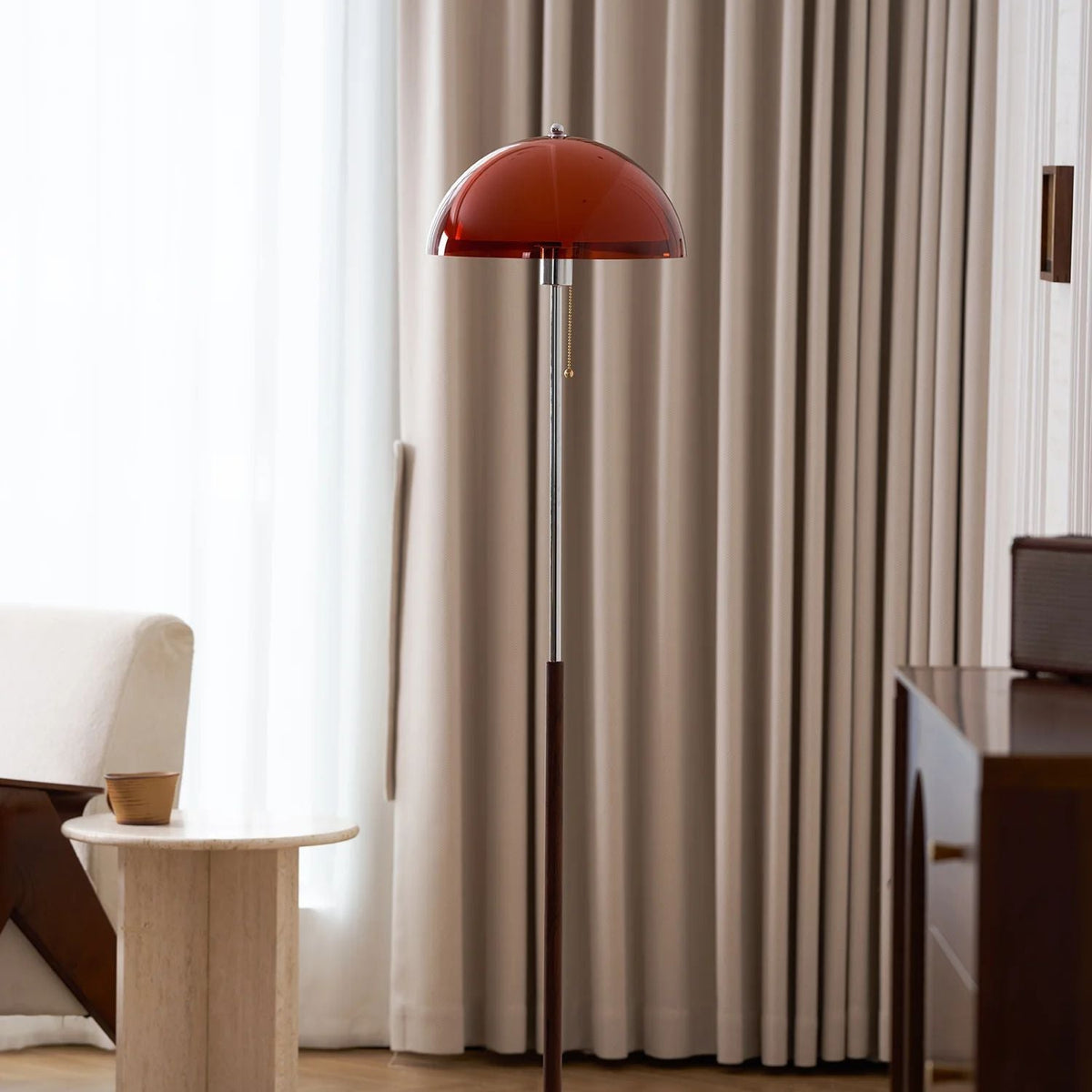 Tall Arched Standing Lamp with Translucent Dome Shade 63 Inches for Living Space Reading Corner Retro Mid-Century Accent Lighting Walnut Woo
