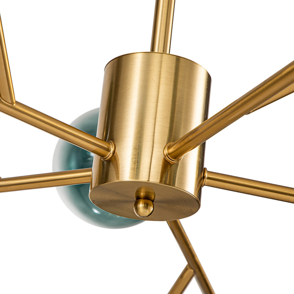 Mid-Century Modern Chandelier with 15 Blue Glass Orbs on Branching Arms for Dining Room & Living Room