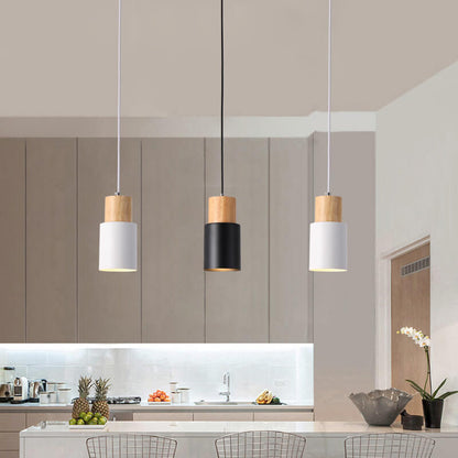 Wood Cylinder Hanging Light Fixture with Adjustable Cable for Kitchen Island Dining Room Overhead Task Lighting Modern Scandinavian Minimal