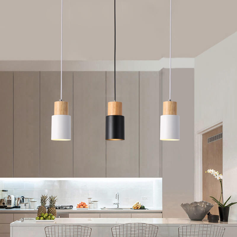 Hanging Ceiling Fixture Metal Wood Shade 4.3 Inch Diameter E26 Socket Adjustable Height Chain for Kitchen Island Dining Room Bar Café