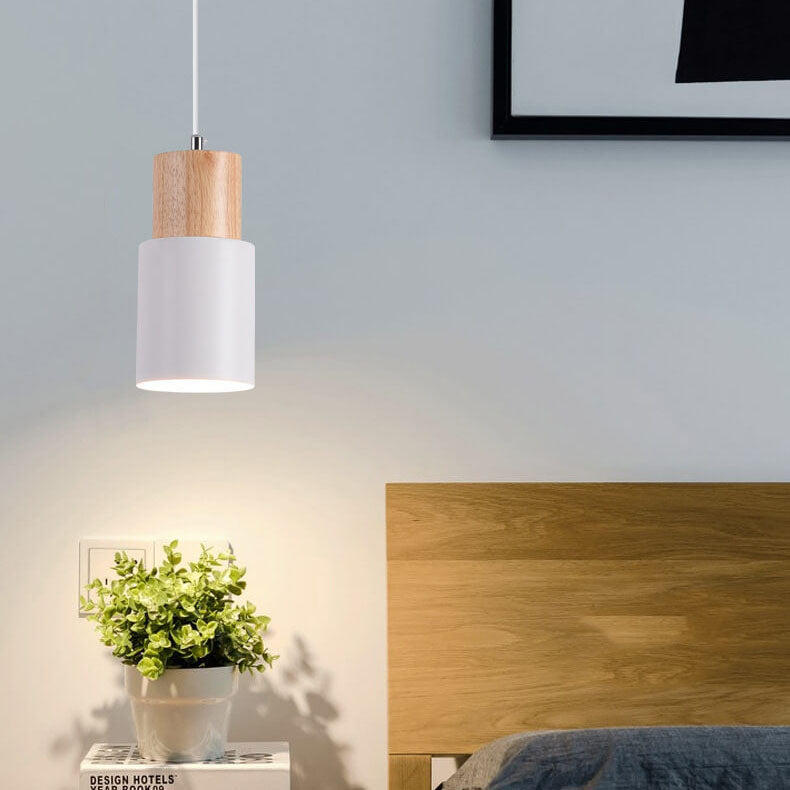 Wood Cylinder Hanging Light Fixture with Adjustable Cable for Kitchen Island Dining Room Overhead Task Lighting Modern Scandinavian Minimal