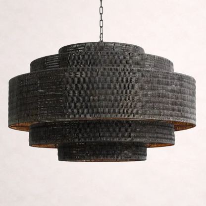 Woven Rattan Ceiling Chandelier with Layered Dome Shade – 28 or 40 Inch Natural Boho Pendant Light for Dining Room, Bedroom, Living Room