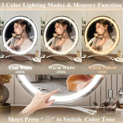Rechargeable Lighted Vanity Mirror 16 Inch Round Tabletop Mirror with Adjustable LED Brightness Dimmable 360 Rotation for Makeup Skincare Be