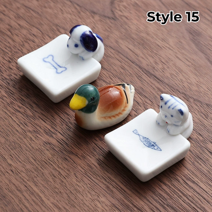 Porcelain Utensil Holders with Animal and Fruit Designs for Asian Dining – Set of 3 Decorative Tabletop Rests
