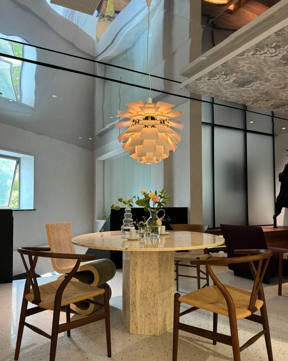 Sculptural Metal Shade Hanging Fixture 20 in Adjustable Height Overhead Lighting for Dining Room Kitchen Island Entryway Warm Glow Installat