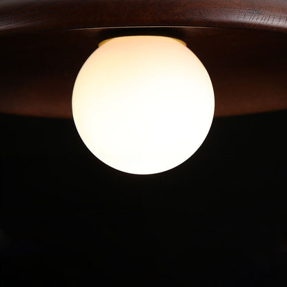 Wooden Globe LED Flush Mount Light 6 in Height Warm Glow for Bedroom Hallway Low Ceiling Compact Modern Nordic Style Natural Timber Finish A