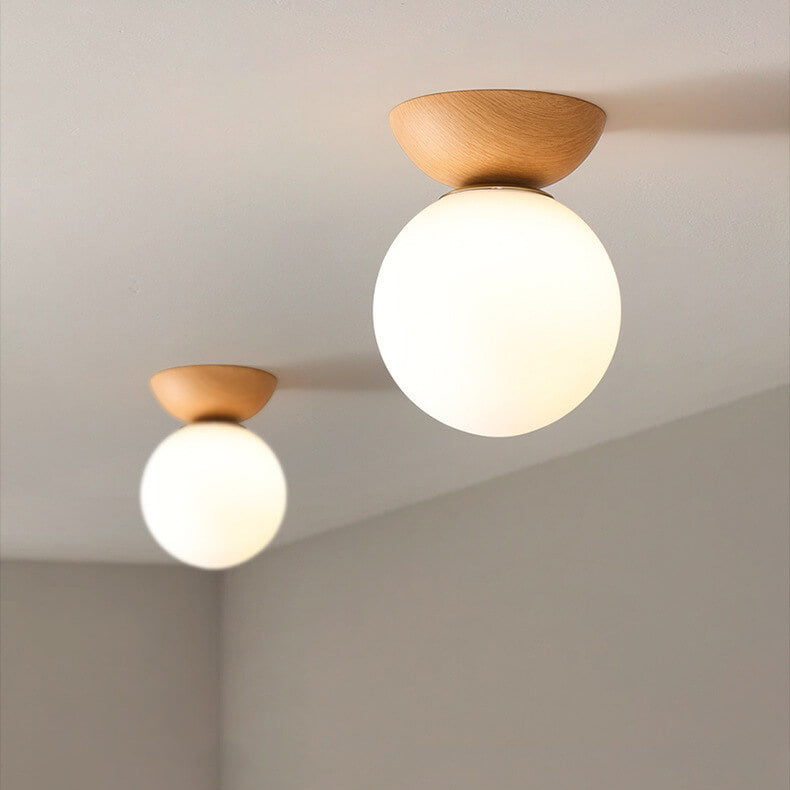 Globe Glass Ceiling Light with Wood Grain Finish – Modern Flush Mount & Pendant Option for Living Room, Bedroom, Hallway – E14 Socket