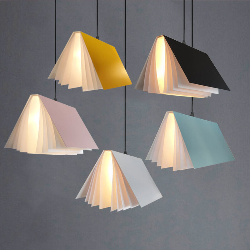 Hardwired Ceiling Pendant Fixture with Open-Book Shade in PVC & Metal for Living Room, Bedroom, Home Office, Reading Nook