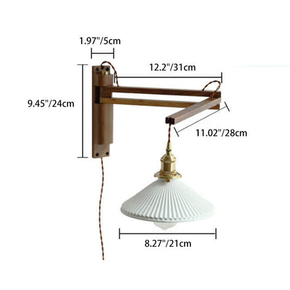 Articulating Wood Arm Wall Sconce with Ribbed Glass Shade – Adjustable Bedside Reading Light for Modern & Japandi Bedroom, Hallway, Living R