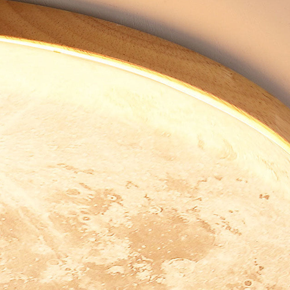 Round Flush Mount LED Ceiling Light with Lunar Surface Design Wood & Acrylic 19 in Diameter for Bedrooms Living Rooms Hallways Modern Ambien